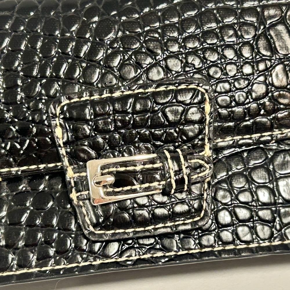 Liz Claiborne Croc Embossed Baguette Shoulder Bag Black Patent Small Purse - Picture 3 of 12